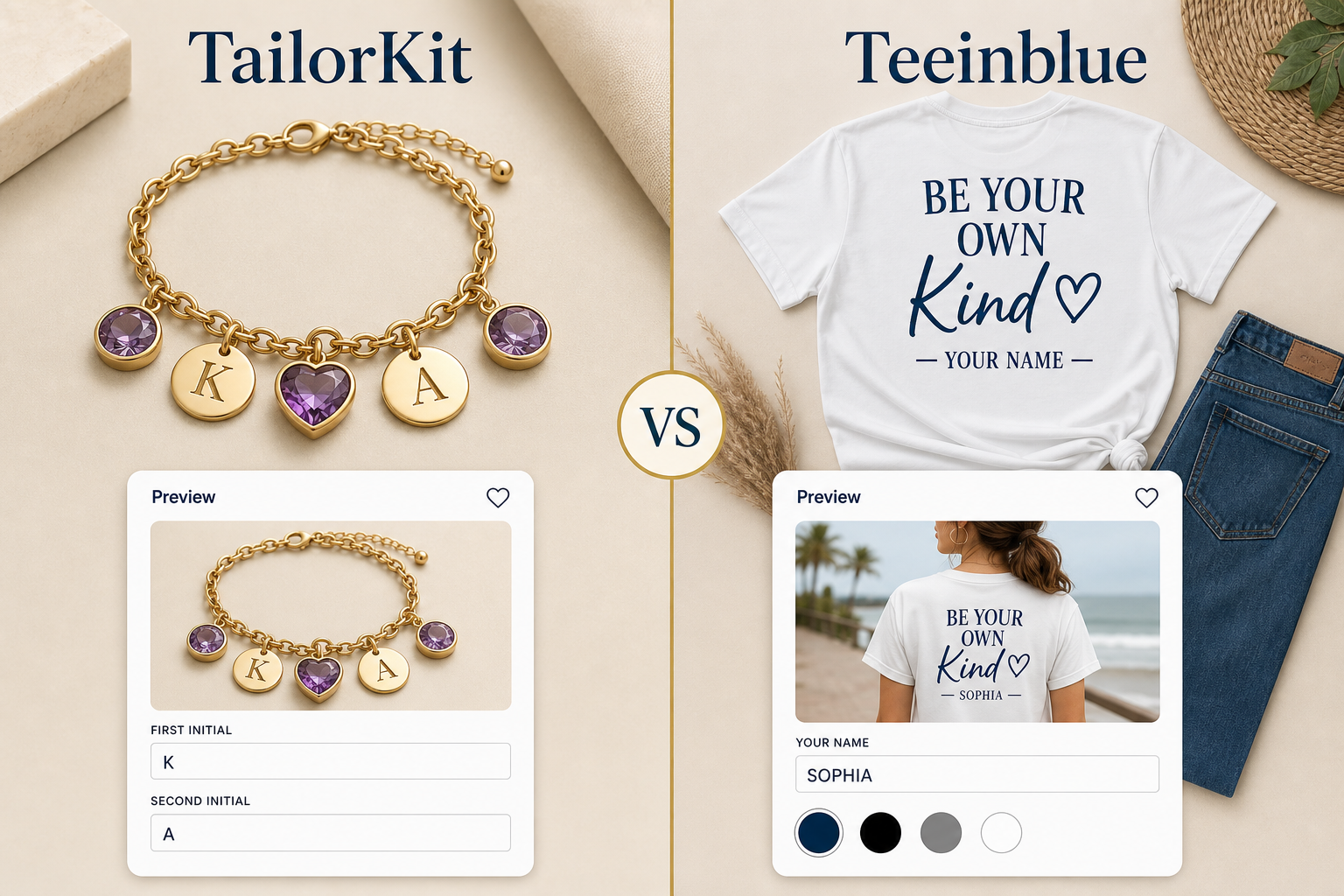 TailorKit vs Teeinblue — side-by-side comparison for Shopify product personalization