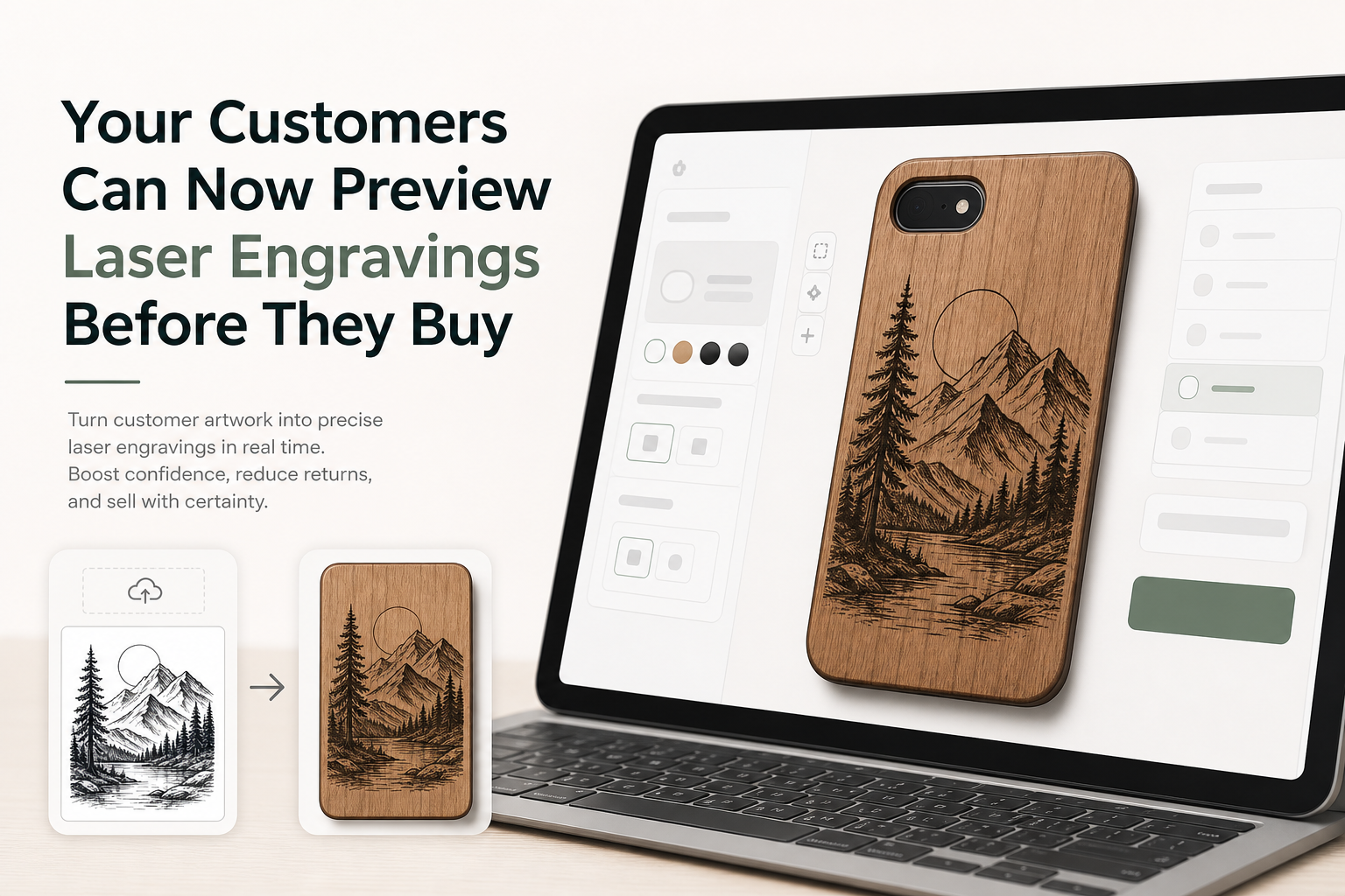 Laser engraving preview showing single-color vector output for Shopify product personalization