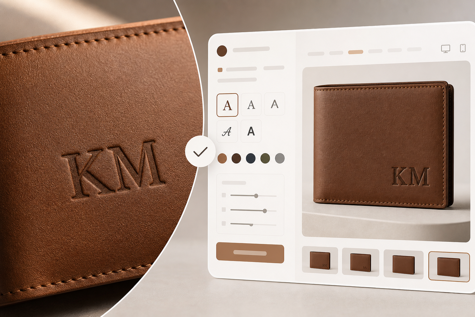 Debossed monogram preview sampling actual product surface color for accurate preview