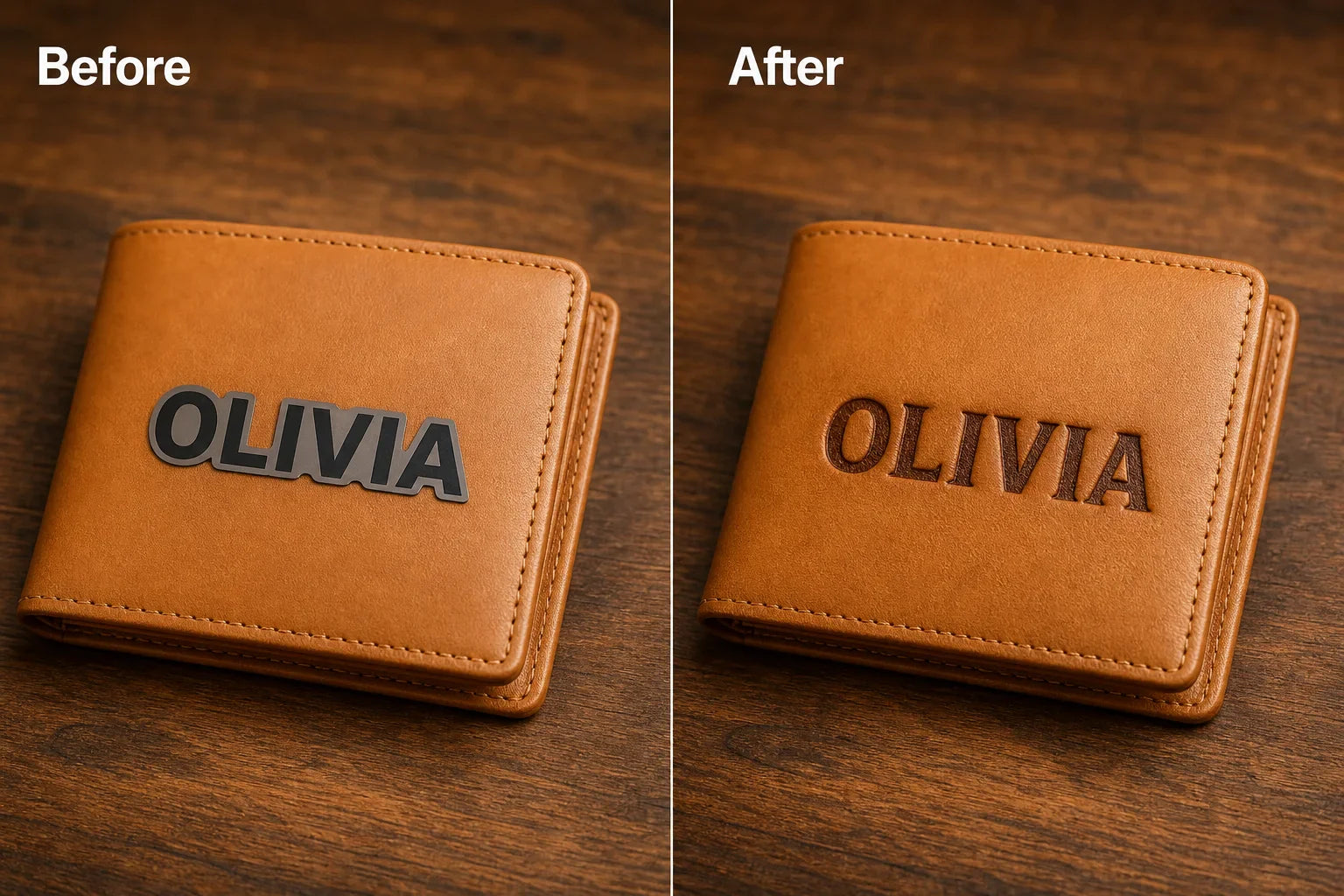 Side-by-side product mockup comparison: generic mockup tool shows OLIVIA name as flat sticker on tan leather wallet, vs TailorKit version with name genuinely engraved into the leather with burnt-brown color and grain showing through.