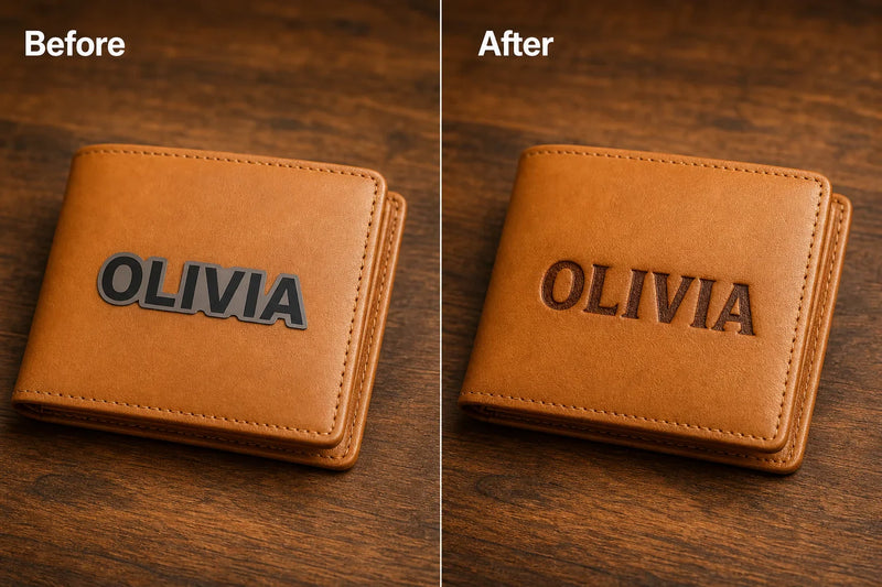 Side-by-side product mockup comparison: generic mockup tool shows OLIVIA name as flat sticker on tan leather wallet, vs TailorKit version with name genuinely engraved into the leather with burnt-brown color and grain showing through.