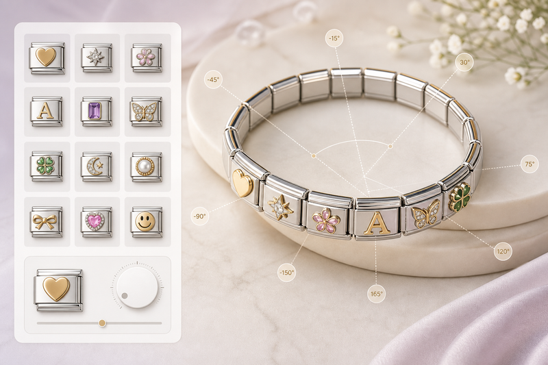 Charm Builder per-slot rotation angle control for Shopify jewelry personalization